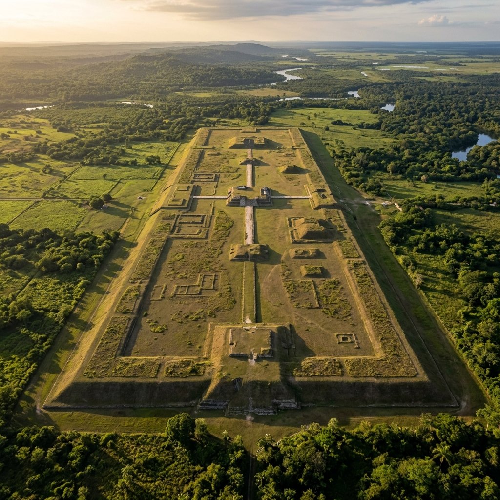 Aerial view of the massive Aguada Fénix ceremonial platform in Tabasco, Mexico — 1.4 kilometers of precisely engineered earthwork