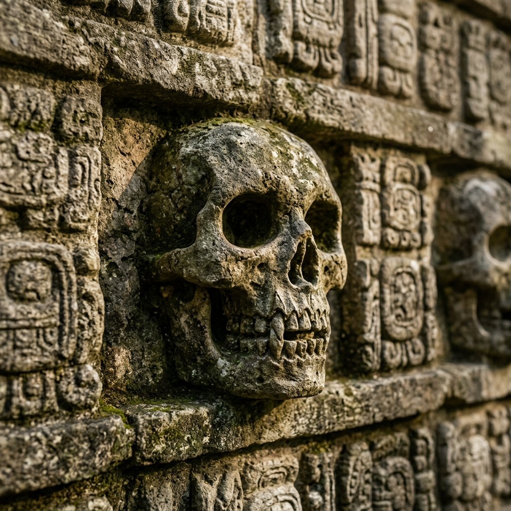 Close-up of an ancient Maya carved stone skull motif on a temple wall, with deep eye sockets and exposed teeth, moss-covered weathered limestone in dramatic side-lighting