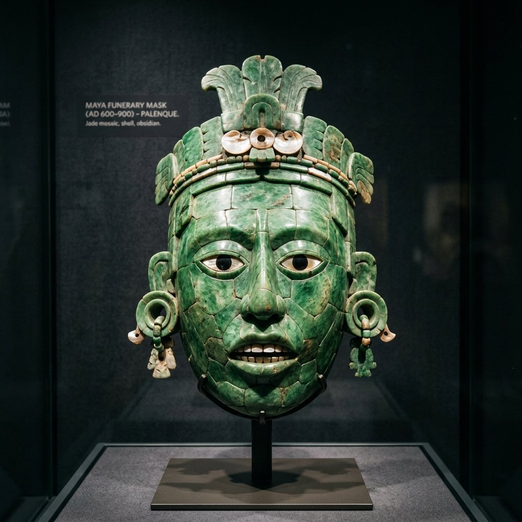 A magnificent ancient Maya jade funerary mask composed of carefully shaped pieces of green jade, with shell inlays for eyes and teeth, displayed against a dark museum background