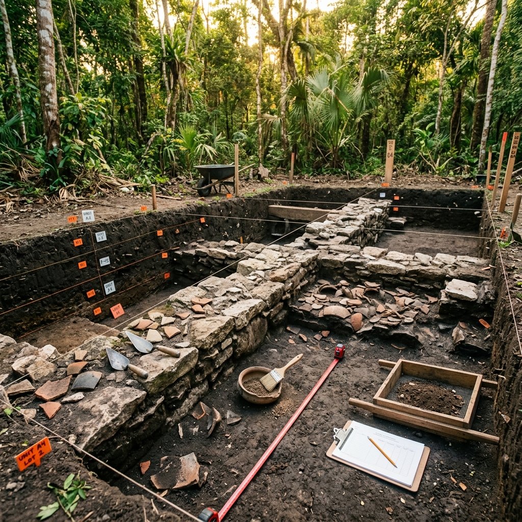 Active archaeological excavation at a Maya site — exposed stone masonry, ceramic fragments, and soil strata with tools visible