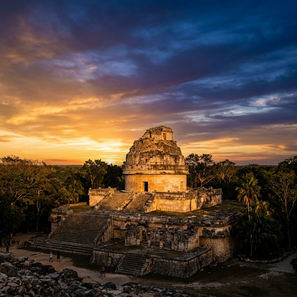 Golden hour photograph of El Caracol observatory tower at Chichen Itza, showing the circular stone structure against a dramatic transitioning sky