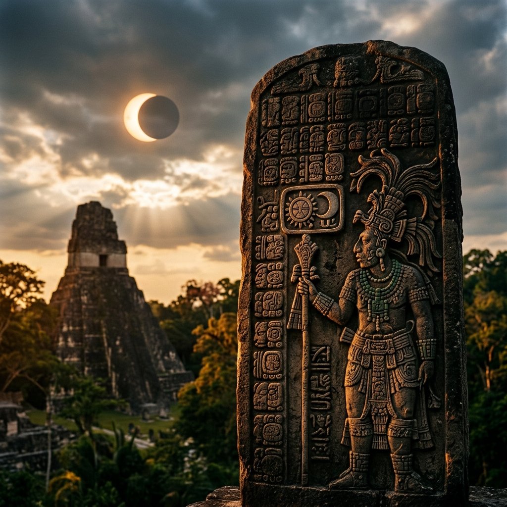 Dramatic photograph of a carved Maya stela showing a celestial glyph, with a partial solar eclipse in the sky above