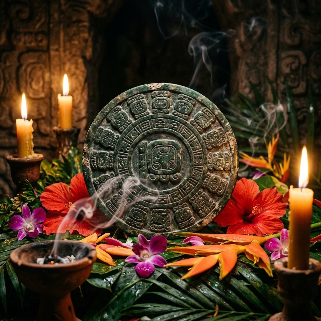 Maya jade disc carved with a Tzolk'in day sign glyph surrounded by copal incense smoke