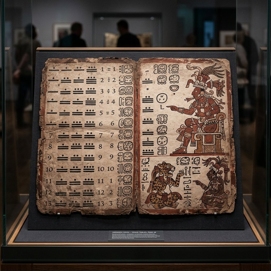 Conservation photograph of the Dresden Codex Venus tables page displayed under glass, showing columns of Maya dot-and-bar numerals and deity figures painted in red and black on folded bark paper
