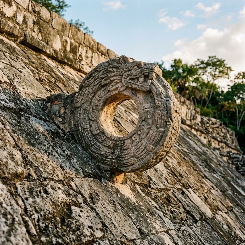 Close-up of an ancient Maya stone ball game ring mounted high on the sloping wall of a ball court, decorated with a carved serpent on its outer surface