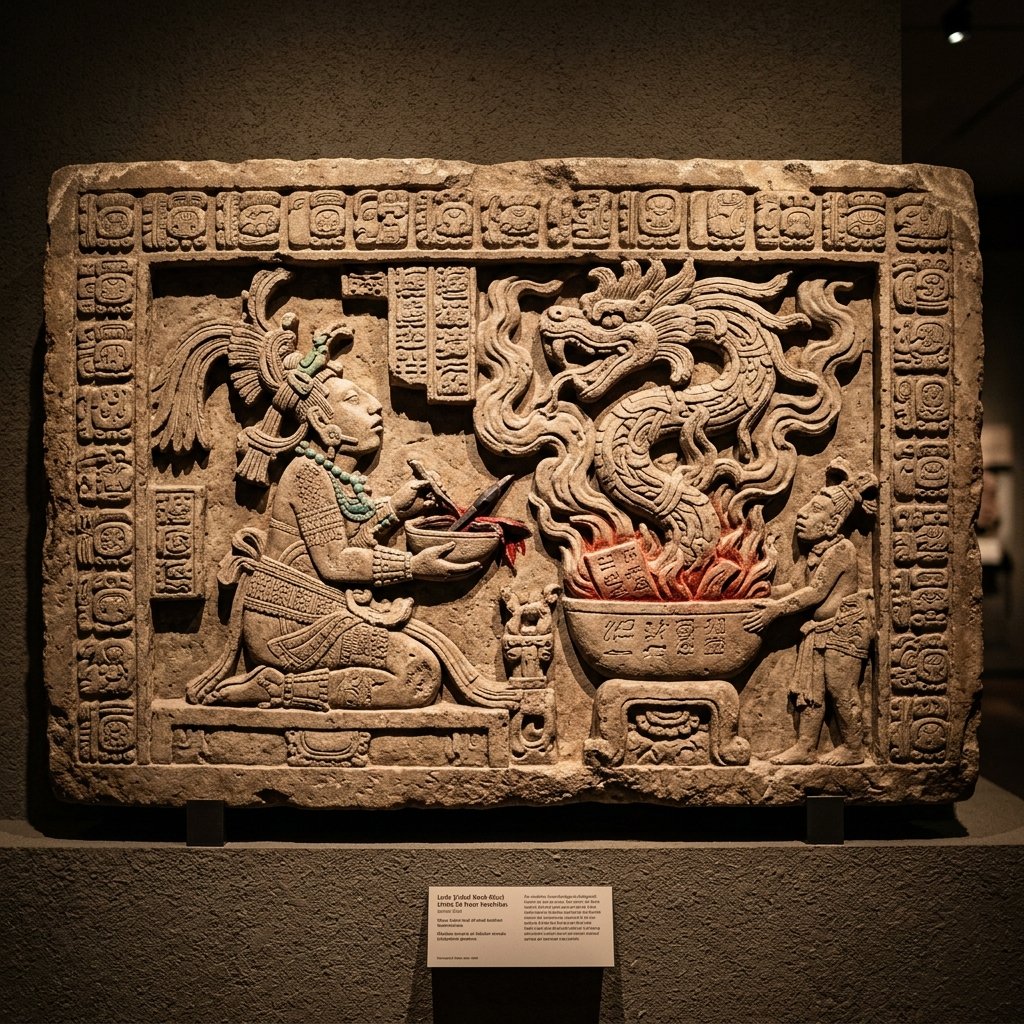 Ancient Maya carved lintel depicting a bloodletting ritual — royalty drawing blood as offering to the gods