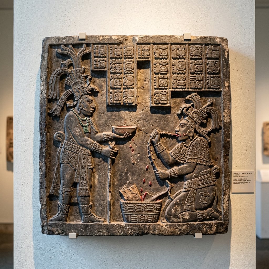 Yaxchilán Lintel 24 — carved limestone panel showing Lady K'abal Xook performing a blood sacrifice, with hieroglyphic text above