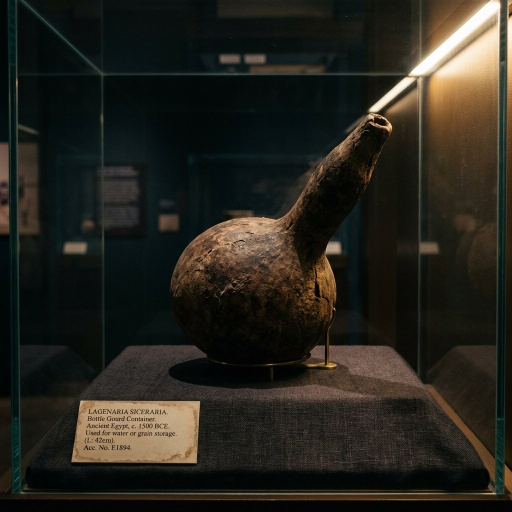 An ancient dried bottle gourd artifact displayed under museum lighting — one of the earliest plants to cross the Atlantic
