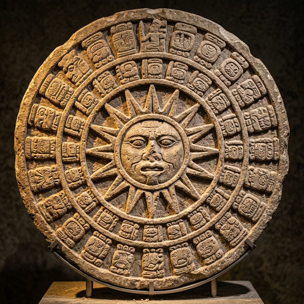 Ancient Maya carved stone Haab' solar calendar showing agricultural season glyphs surrounding a sun face with radiating rays
