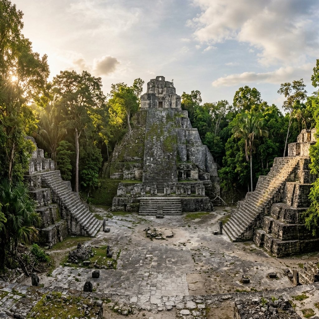 The Grand Plaza of Calakmul — massive weathered stone pyramids and platforms rising from the jungle floor, partially covered in roots and moss