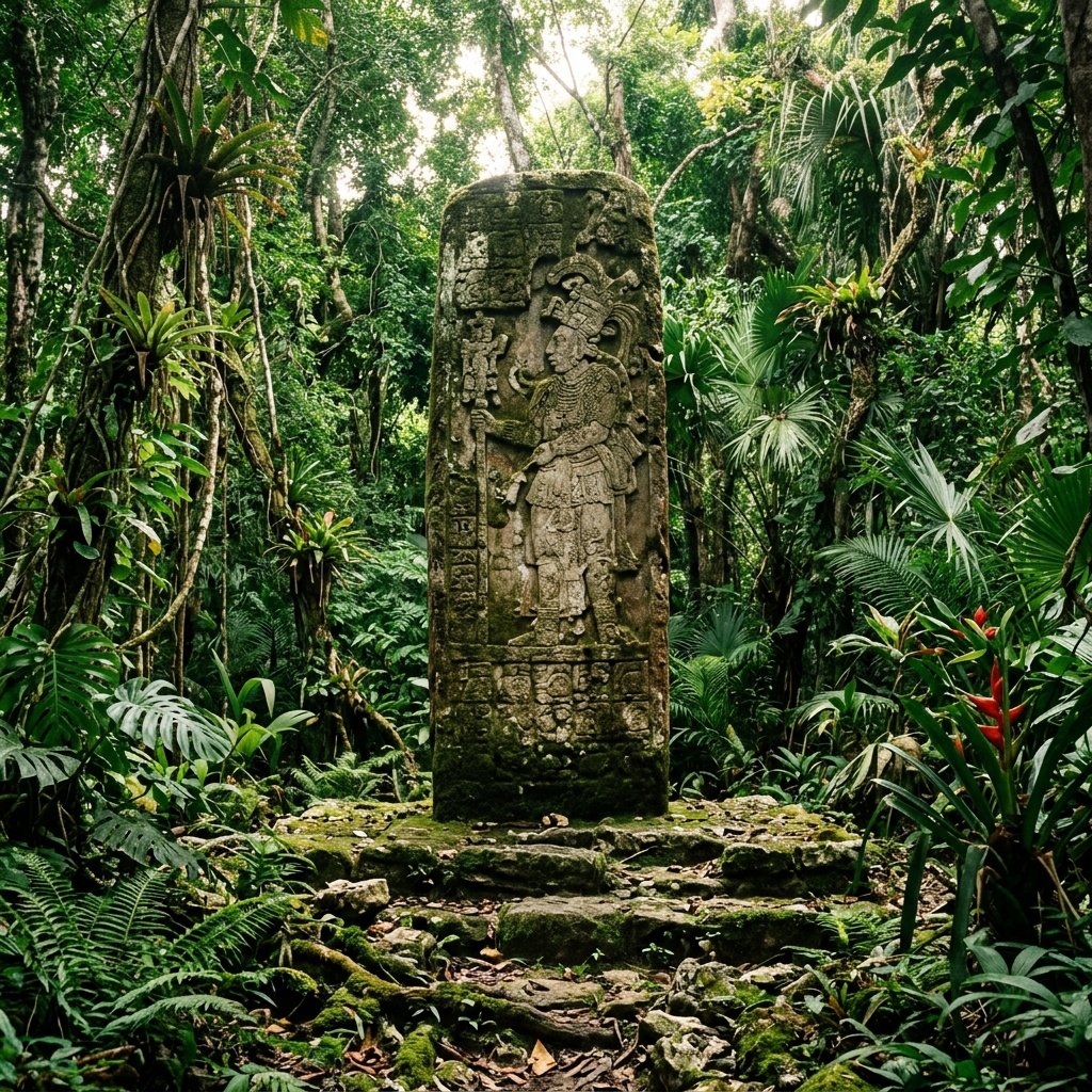 A weathered, moss-covered Maya stela standing upright in the dense tropical jungle at Calakmul