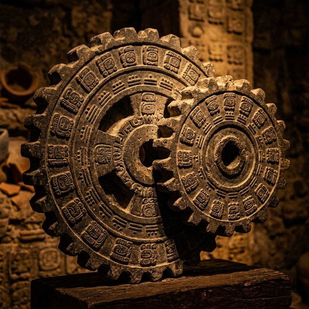 Two interlocking Maya calendar wheels carved from limestone — the Tzolk'in and Haab' meshing like gears