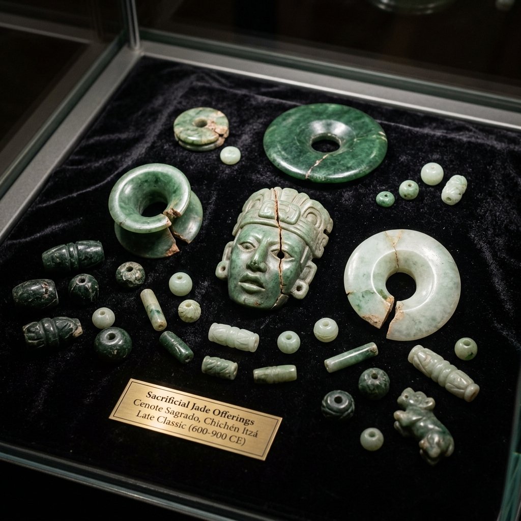 Ancient Maya jade offerings recovered from a cenote — polished earspools, carved beads, and a ritual mask displayed on dark velvet under museum lighting