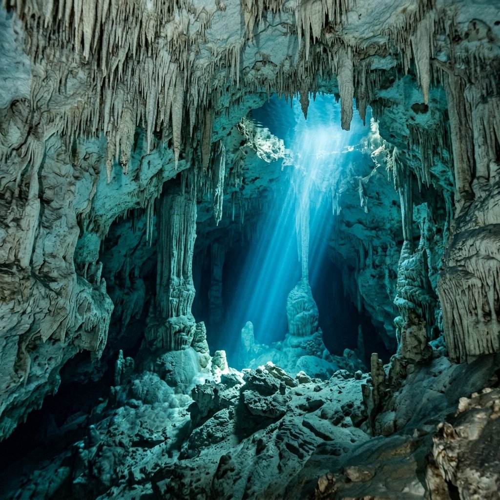 Underwater view inside a cenote cave system — crystal-clear turquoise water reveals ancient stalactites and dramatic light shafts penetrating from above