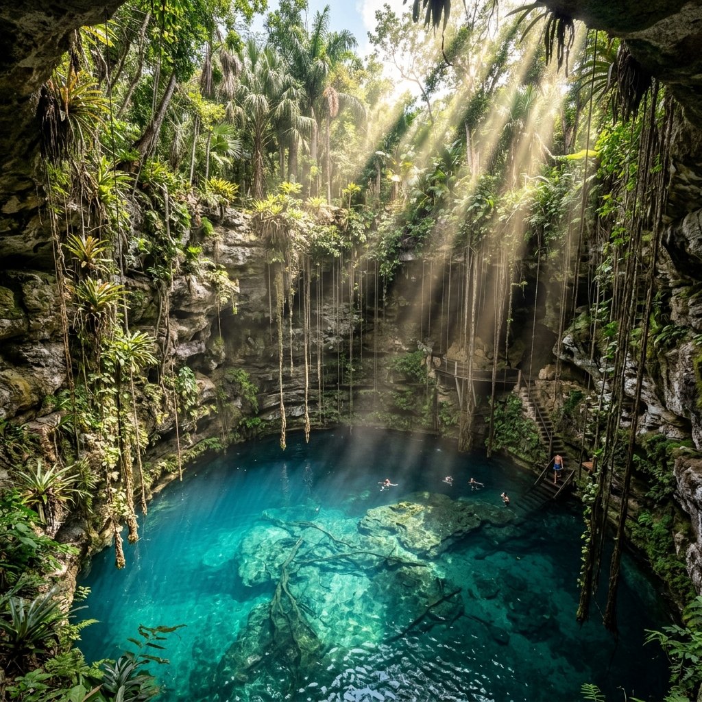 A sacred cenote in the Yucatan jungle — a natural limestone sinkhole pool with crystal turquoise water surrounded by lush tropical vegetation, with sunlight beams filtering through the jungle canopy into the depths