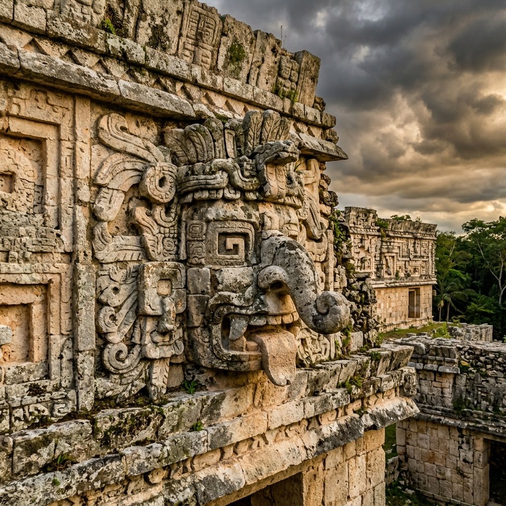 An ancient weathered limestone Chaac mask mosaic on a Maya temple facade at Uxmal, with storm clouds gathering behind the Puuc architecture