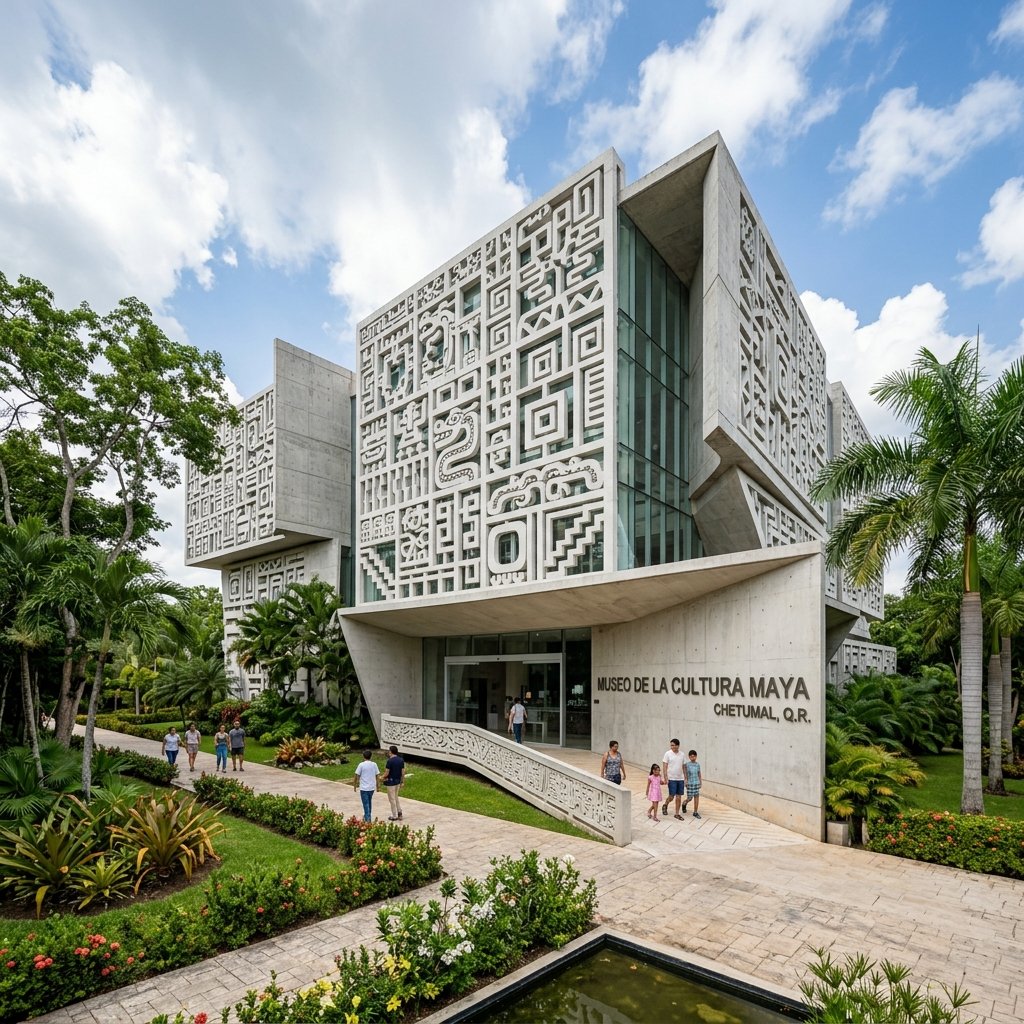 Museo de la Cultura Maya exterior — modern building with geometric facade in Chetumal