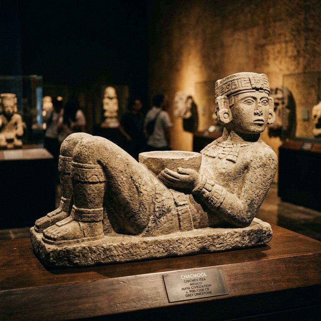 Stone Chac Mool figure from Chichén Itzá — reclining figure with turned head, bent knees, and flat belly holding a stone dish