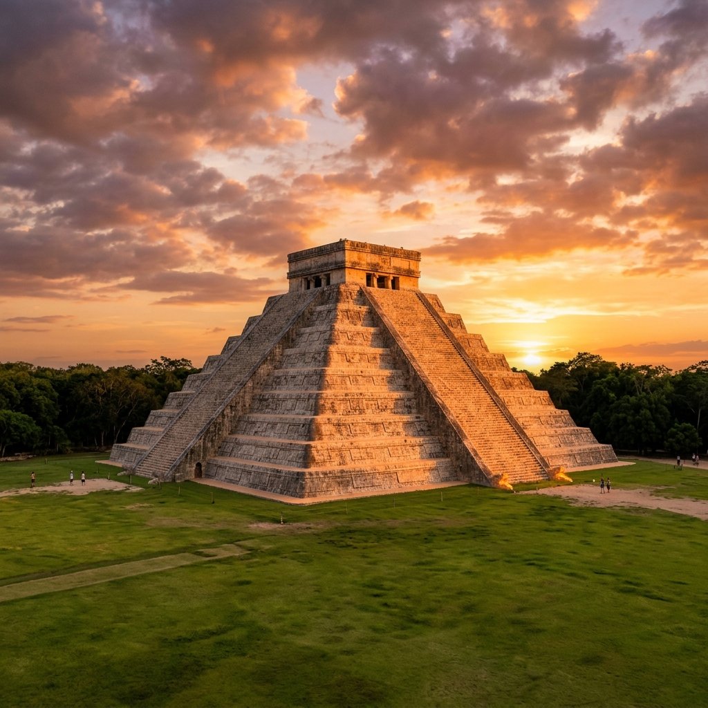El Castillo pyramid at Chichén Itzá glowing golden-orange at sunset