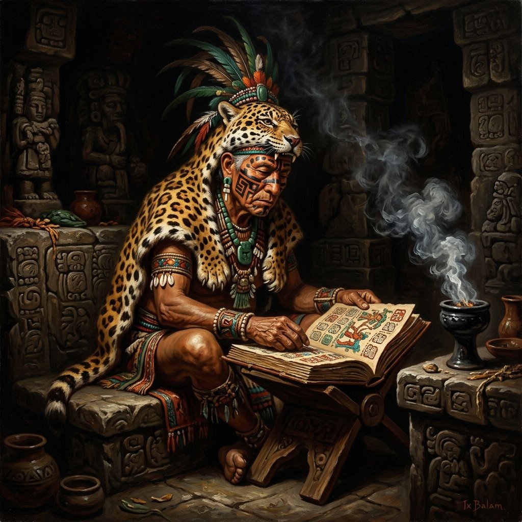 A Maya Jaguar Prophet seated in a stone temple reading from an ancient codex — classical oil painting with Rembrandt lighting