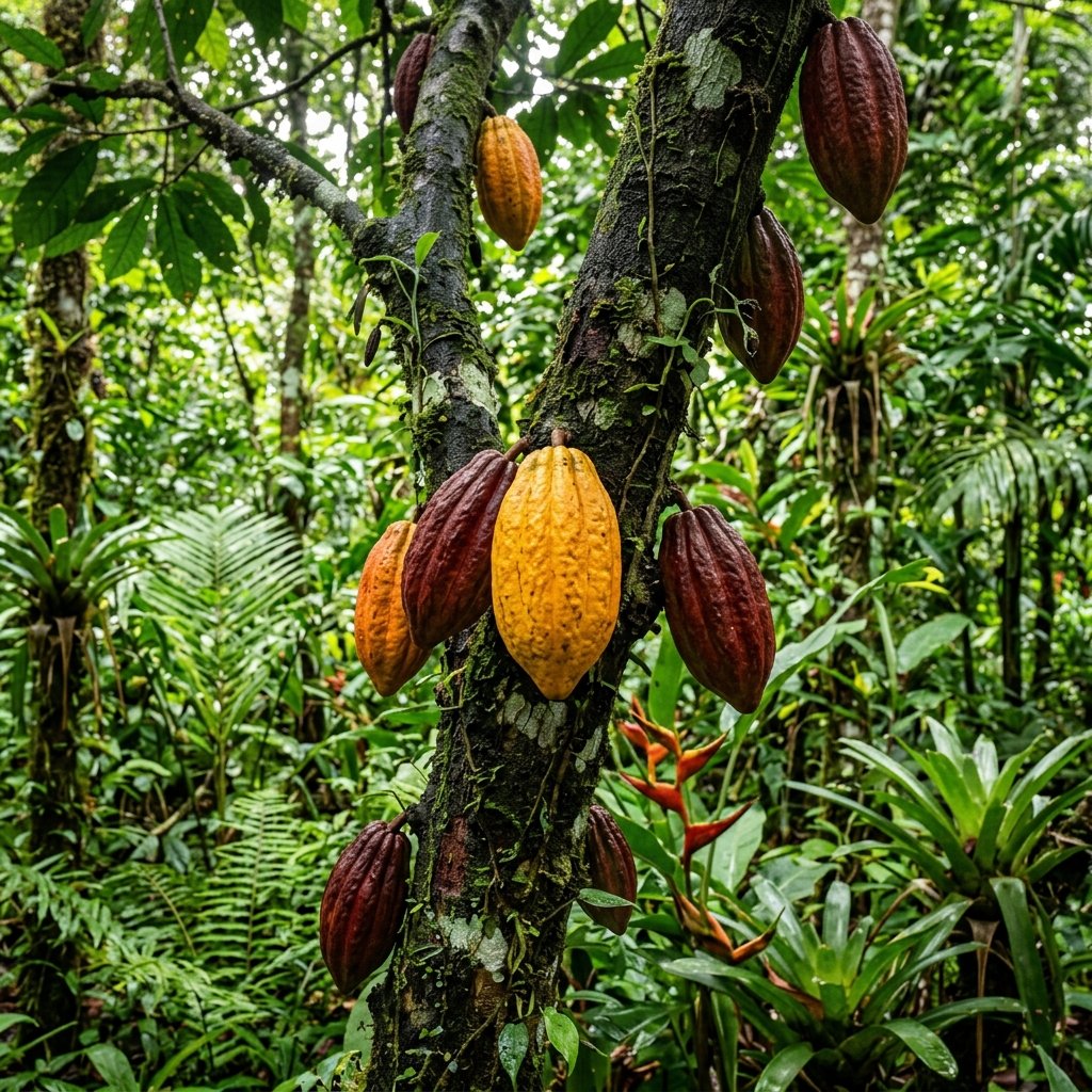 Ripe cacao pods in various stages of ripeness growing directly from the trunk of a cacao tree in a tropical forest