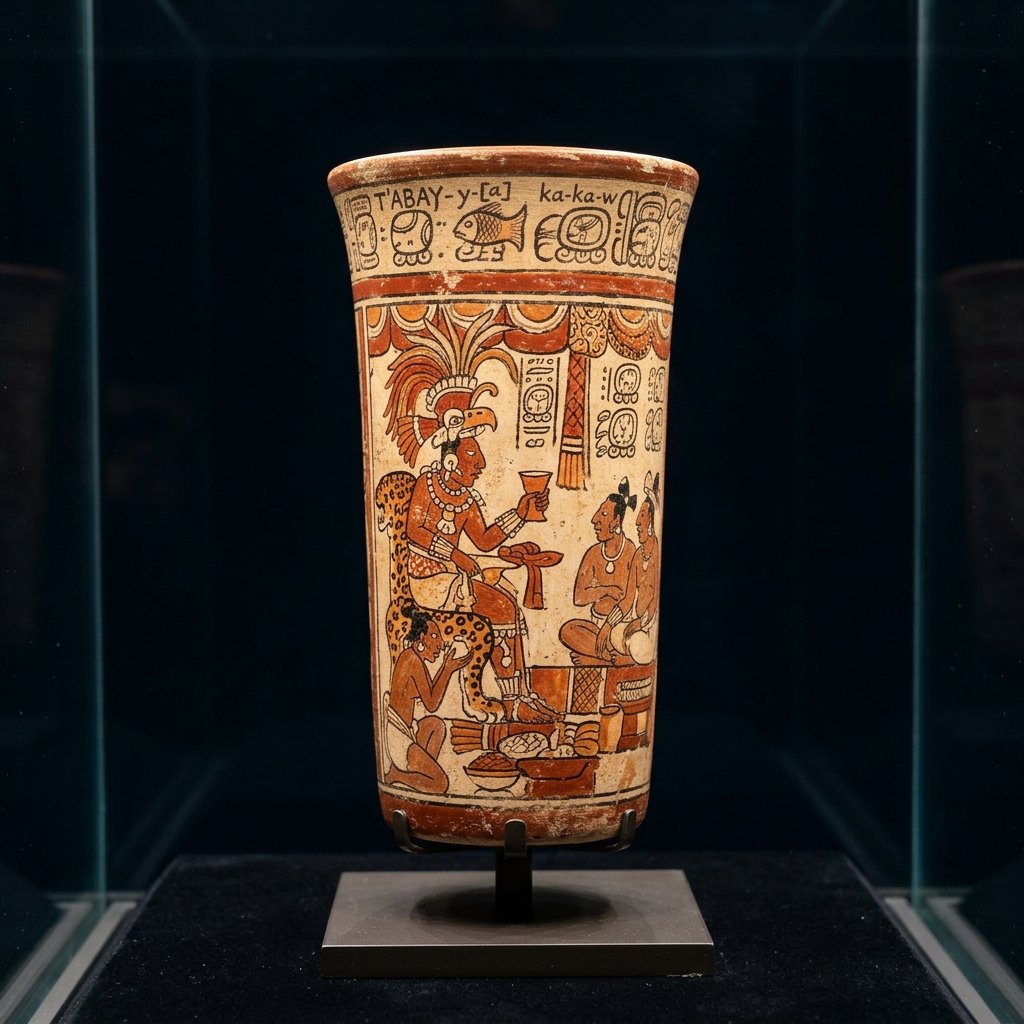 An ancient Maya painted ceramic cylinder vessel used for drinking chocolate, showing a polychrome painted scene in the Classic Maya style with hieroglyphic text around the rim