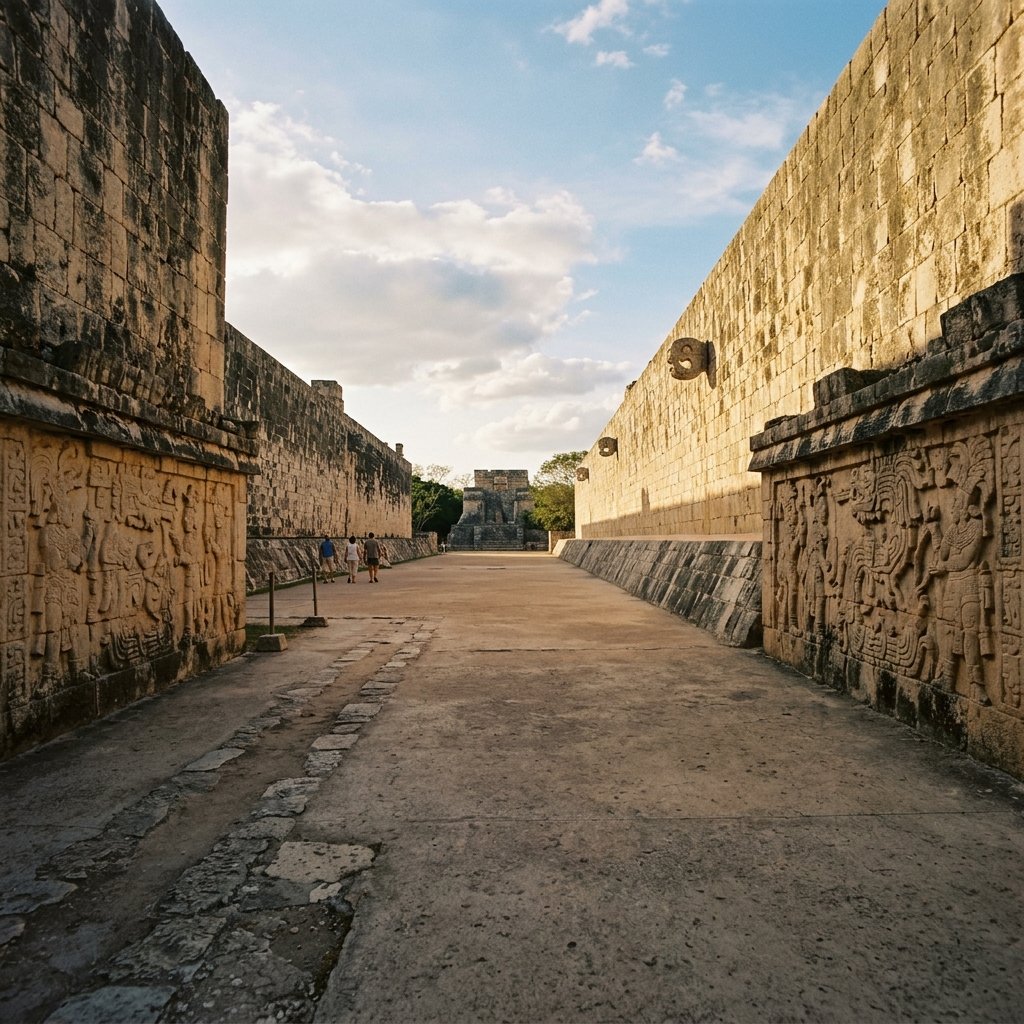 Inside the Great Ball Court at Chichén Itzá — the largest in Mesoamerica, with towering walls and carved ritual panels