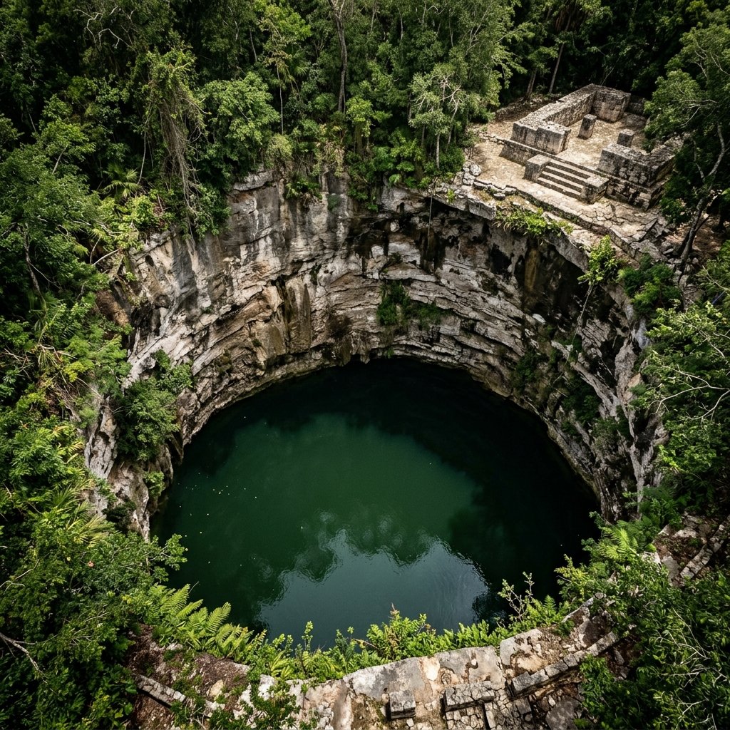 The Sacred Cenote at Chichén Itzá — a massive 60-meter sinkhole with sheer limestone walls and dark green water below