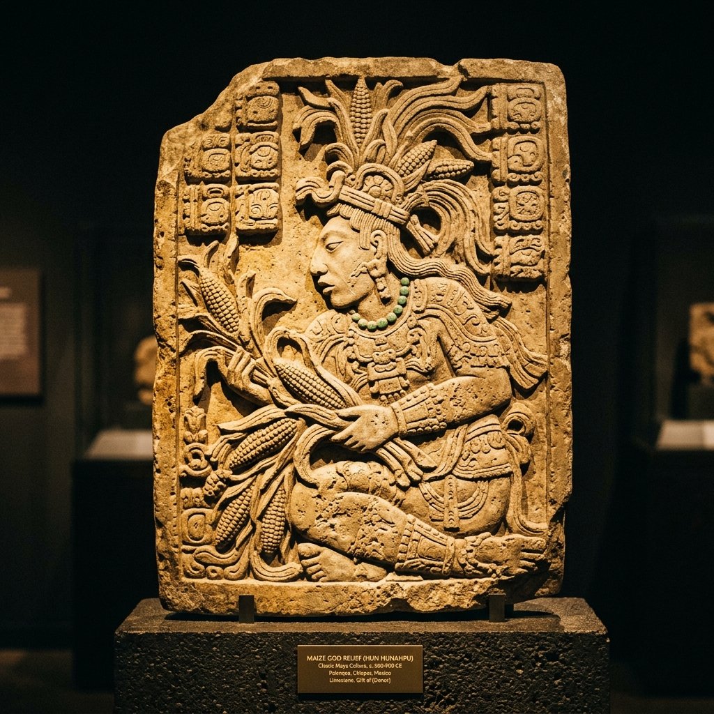 Ancient Maya ceramic depicting the Maize God, showing the sacred importance of corn agriculture