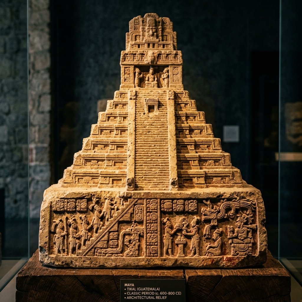 Ancient Maya carved limestone relief showing a stepped pyramid temple