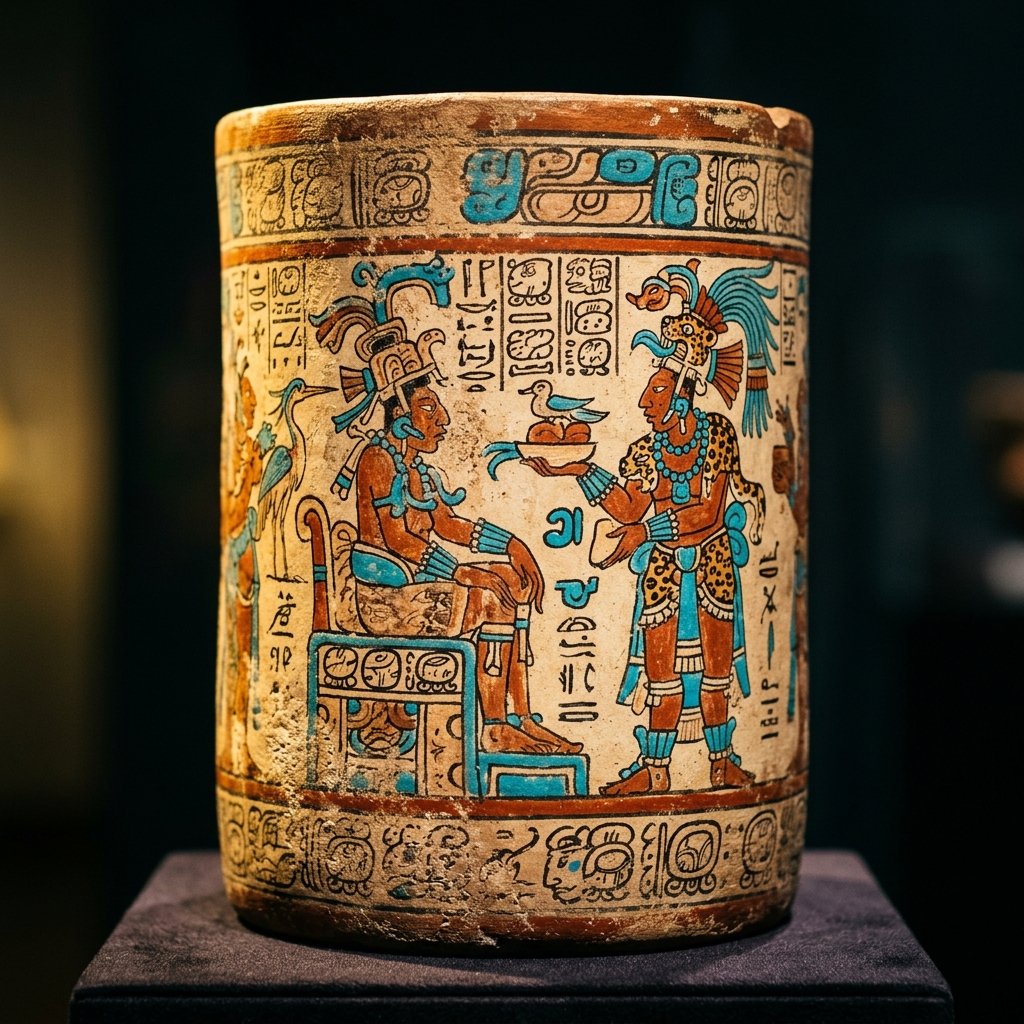 Ancient Maya polychrome painted ceramic vessel with elaborate mythological scenes in Maya Blue pigment