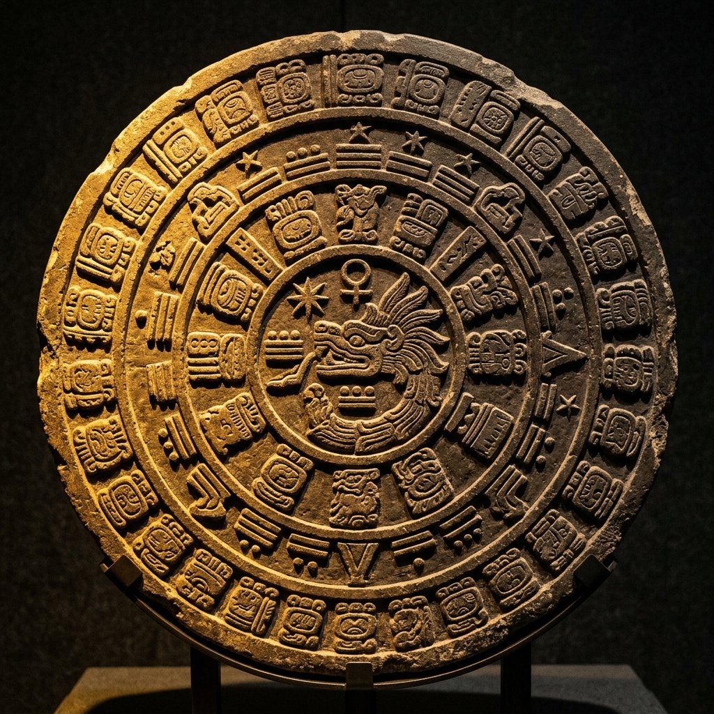 Ancient Maya carved stone astronomical disk with Venus cycle glyphs and celestial symbols