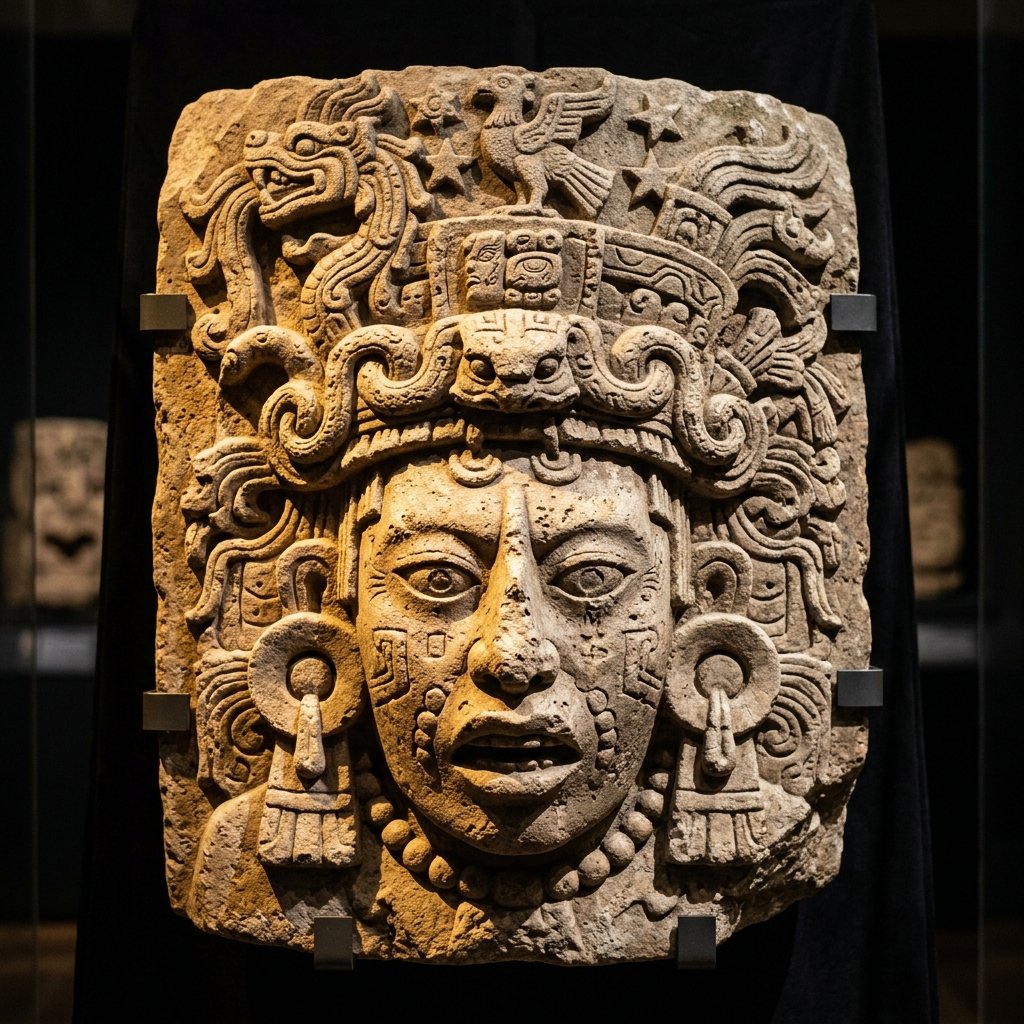 Ancient Maya carved stone deity face with elaborate headdress and cosmic symbols
