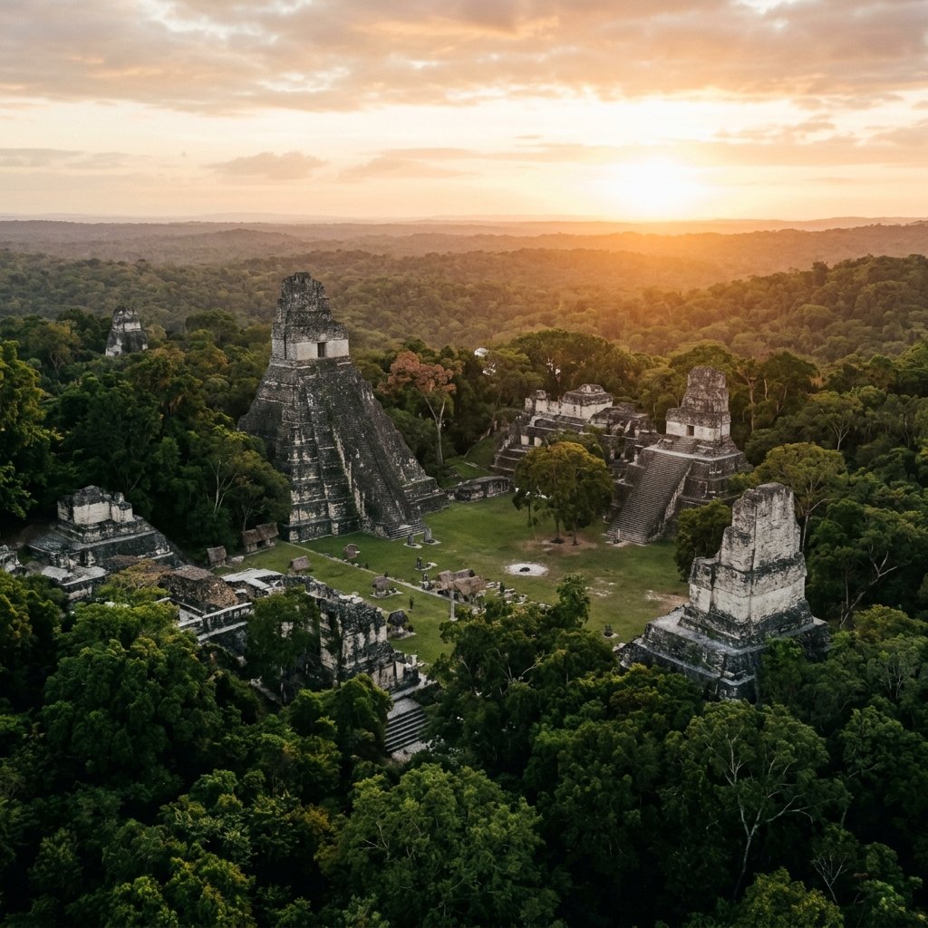 Aerial view of the ancient Maya city of Tikal, Guatemala, with massive limestone temple-pyramids rising above the dense tropical rainforest canopy at golden hour