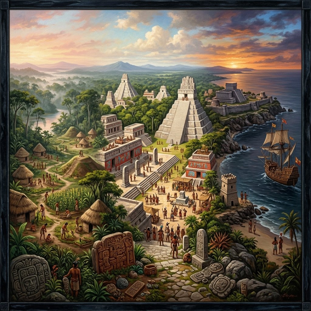 Panoramic view spanning the full arc of Maya civilization — from jungle villages to towering Classic temple-pyramids to colonial-era encounters