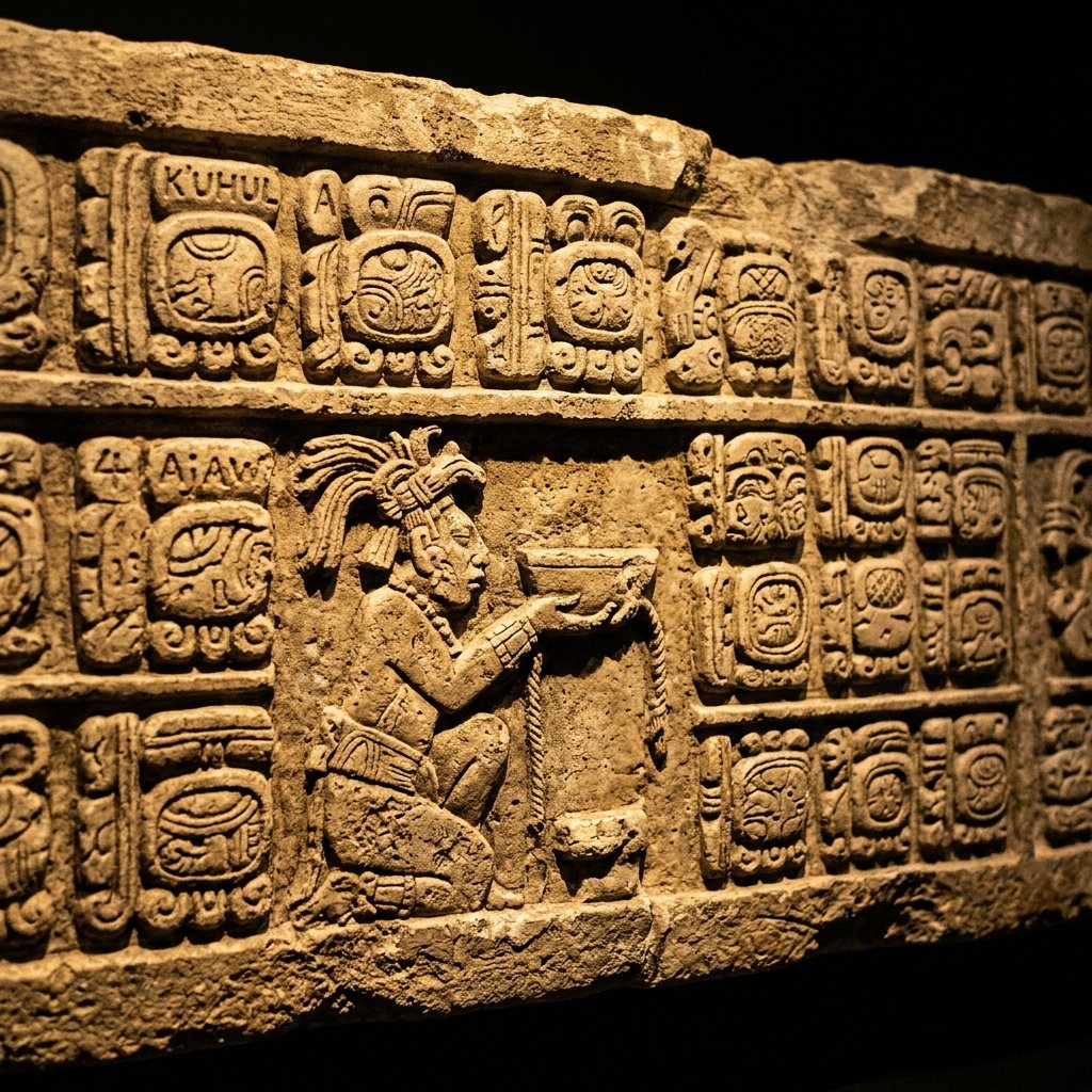Ancient Maya hieroglyphic inscription panel with rows of carved logo-syllabic glyphs on limestone