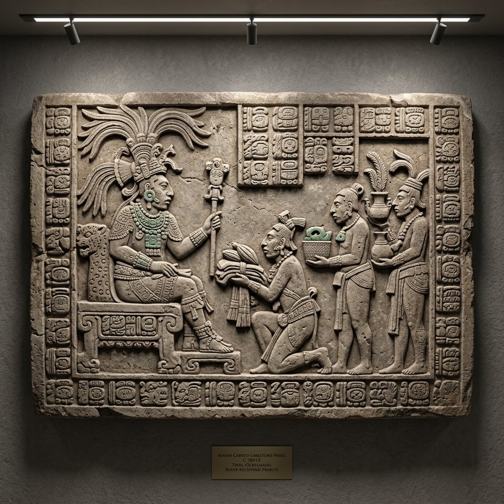 Ancient Maya carved limestone panel showing a seated ruler receiving tribute