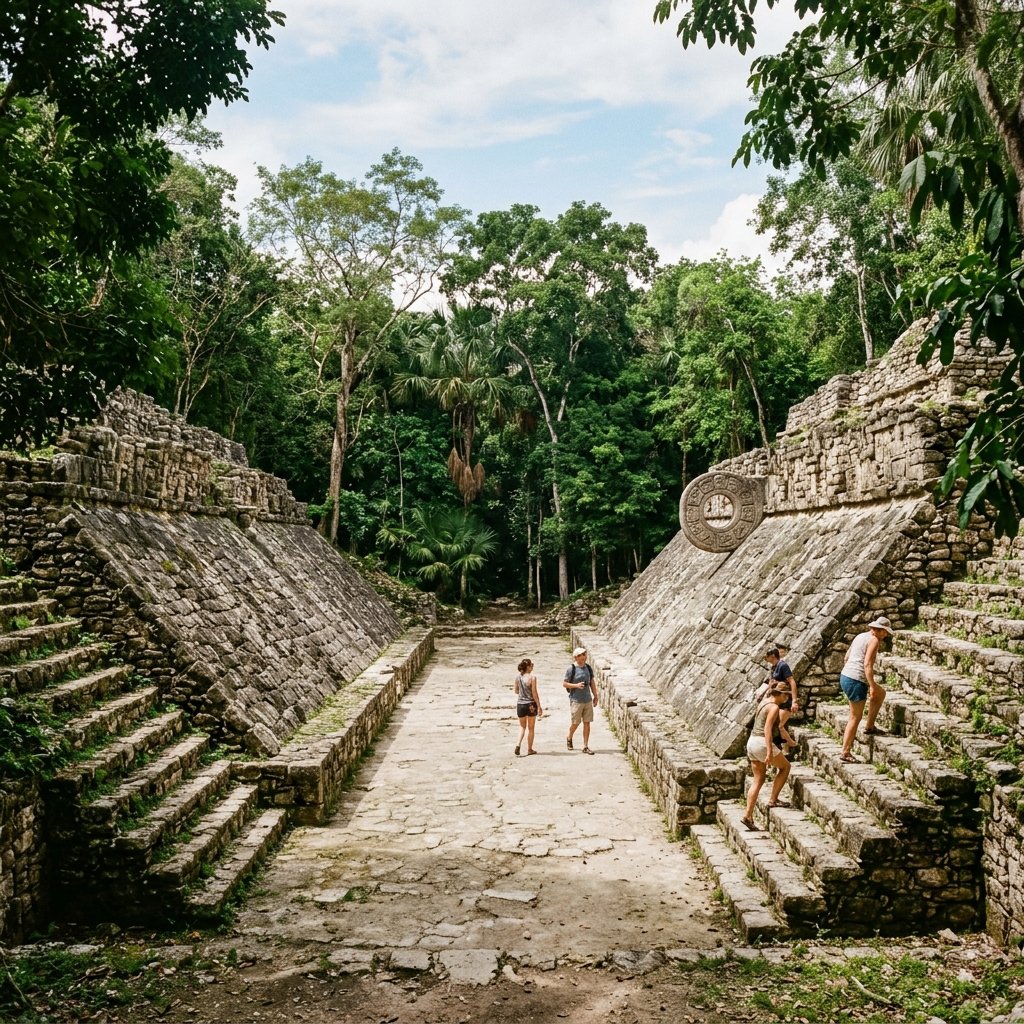 The well-preserved Maya ball court at Cobá with sloping walls and stone ring