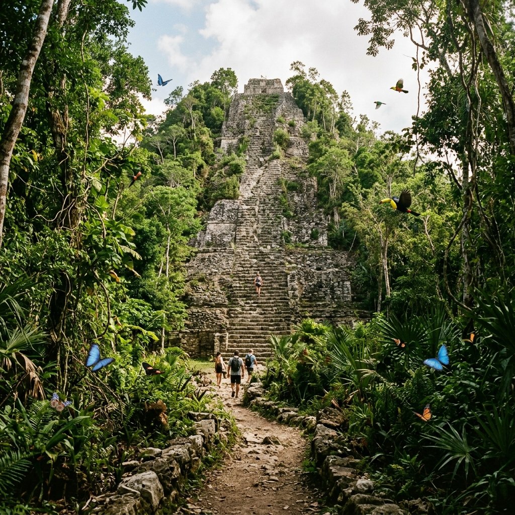 The towering Nohoch Mul pyramid at Cobá rising 42 meters above the dense Yucatán jungle — the tallest climbable pyramid in the Maya world