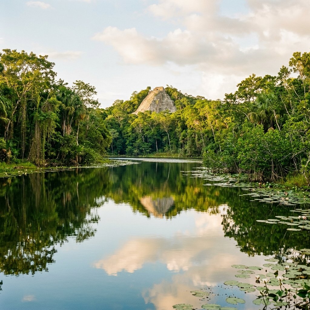 A serene natural lake at Cobá fringed with tropical vegetation, the only surface lakes in northern Yucatán