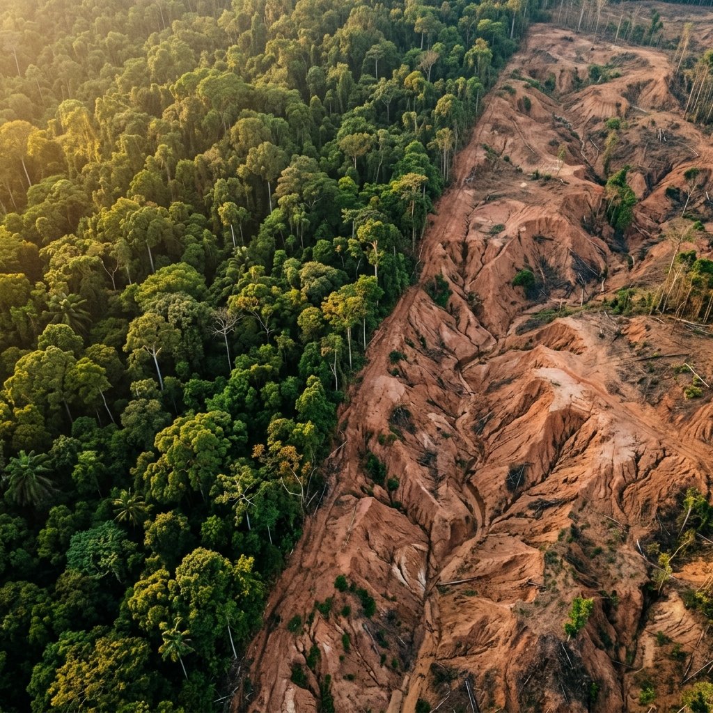 Aerial view showing the stark boundary between lush jungle canopy and barren eroded land — the environmental devastation that may have triggered the Maya collapse