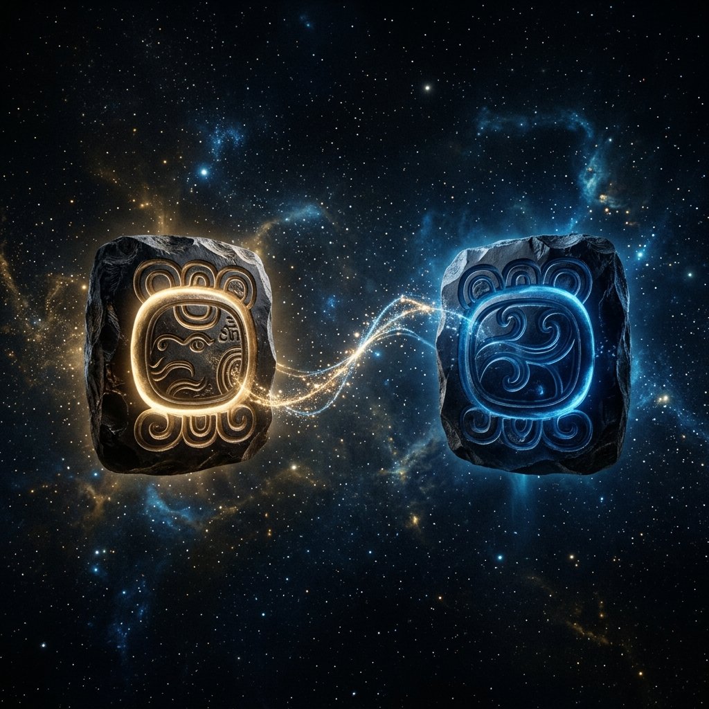 Two Maya day signs glowing and interconnected by starlight