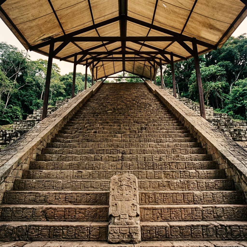 The Hieroglyphic Stairway at Copán — the longest Maya text, with 2,200 glyph blocks carved across 62 stone steps
