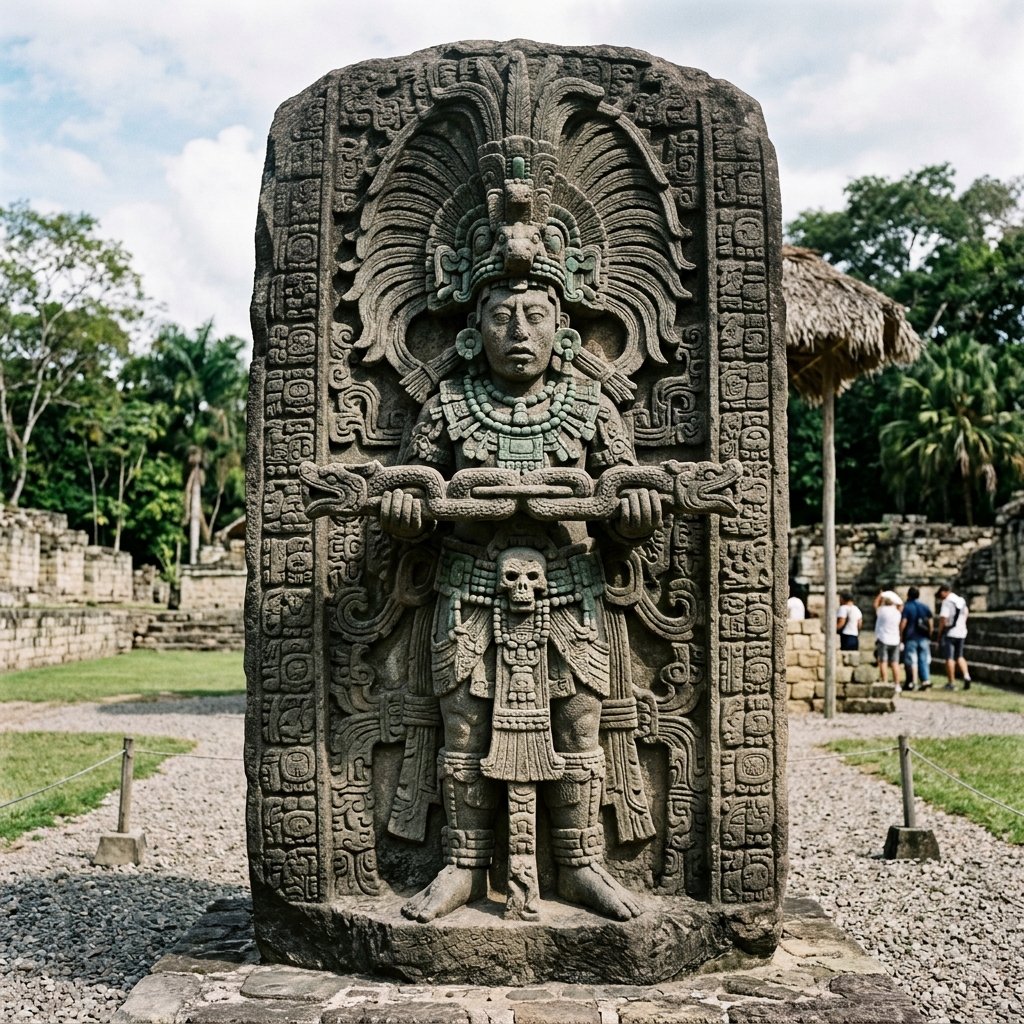 Maya stone stela from Copán showing King 18 Rabbit in deep three-dimensional relief with enormous feathered headdress