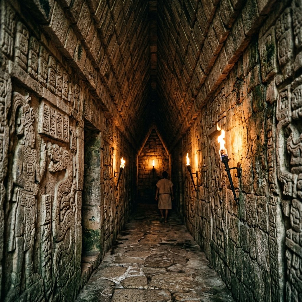 Interior of a Maya temple corridor showing the characteristic corbel vault ceiling narrowing to a point