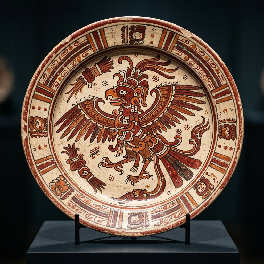 Maya ceramic plate with painted bird deity scene