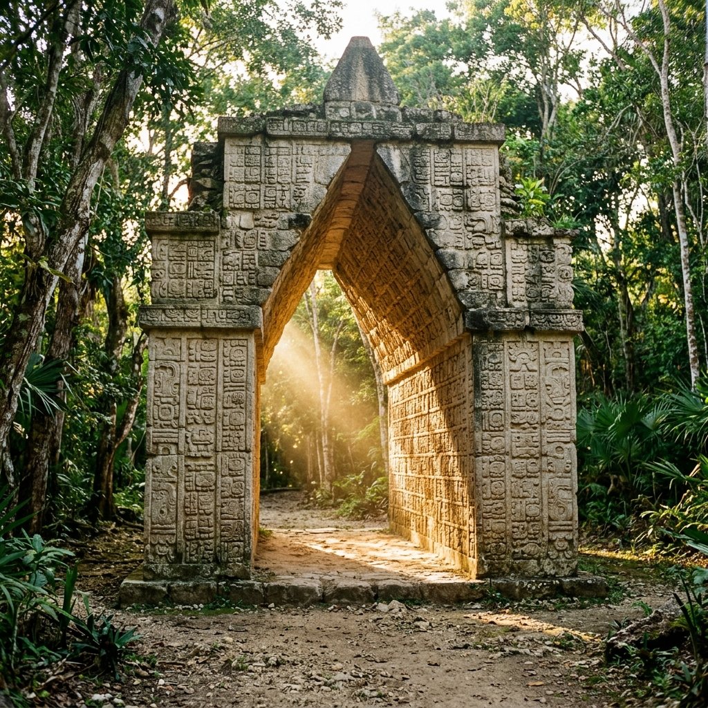 A freestanding Maya corbeled arch covered in carved hieroglyphic inscriptions at Ek Balam