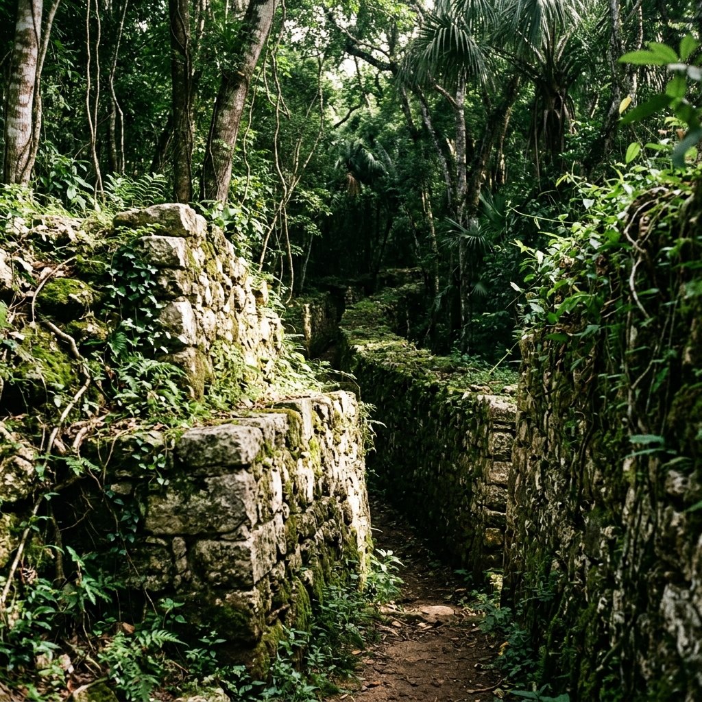 Ancient double-layered defensive walls at Ek Balam stretching through dense jungle