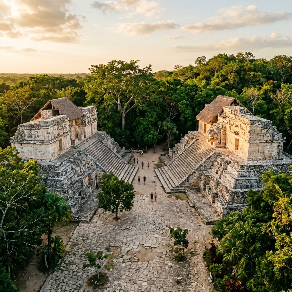 Two symmetrical Maya pyramids flanking the main plaza at Ek Balam