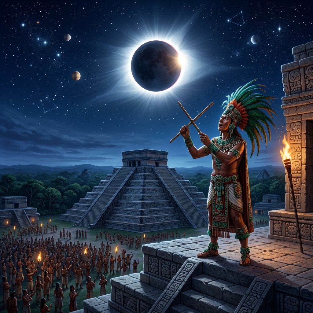 A Maya astronomer-priest witnessing a total solar eclipse from atop a temple, the corona blazing in a darkened sky